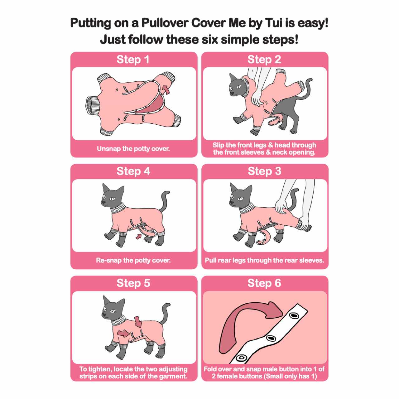Diagrams showing how to put on the Cover Me by Tui Cat Cone Alternative