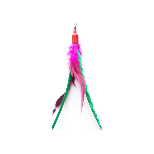 A pink and green GO CAT da bird refill in turkey feathers