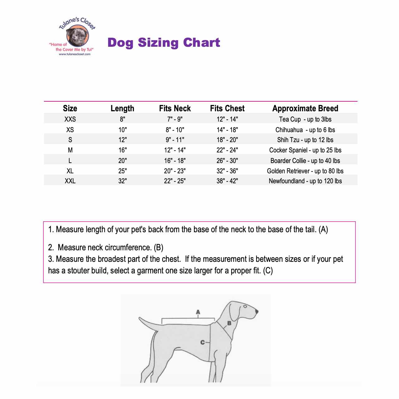 A sizing chart for the Cover Me by Tui Cat Cone Alternative