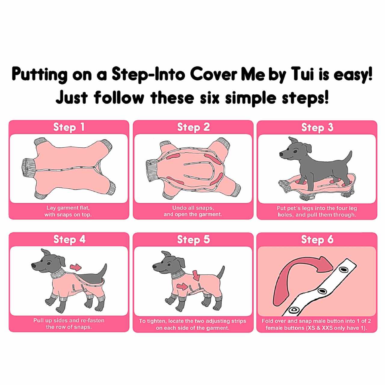 Diagrams showing how to put on the Cover Me by Tui Dog Cone Alternative
